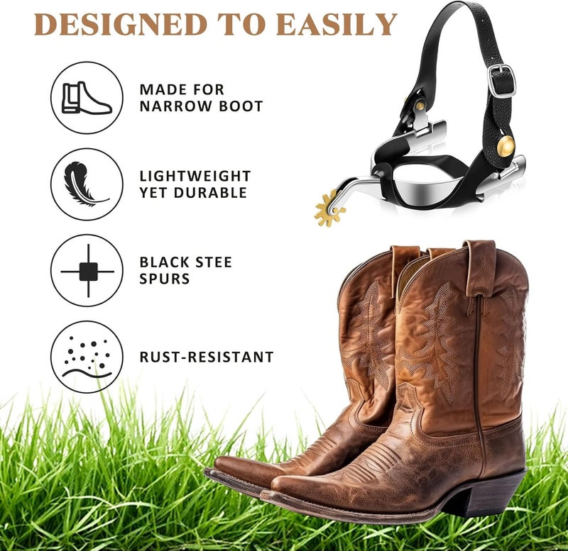 BrightRow 2 Pack Spurs for Cowboy Boots Men with 2 Pcs Leather Belt and Tie Down Straps, Stainless Steel Western English Horse Spurs with Rotatable Gear, Equestrian Riding Accessories - Image 4